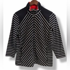 L-RL Lauren Active Ralph Lauren Black White Striped Everyday Zip Jacket Size L